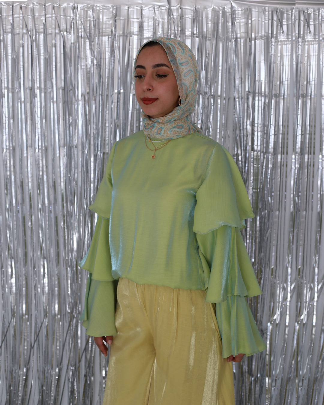 Ruffl'd Top in Shimmery Lime