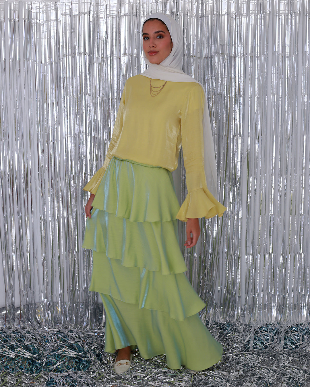Ruffl'd Skirt in Shimmery Lime