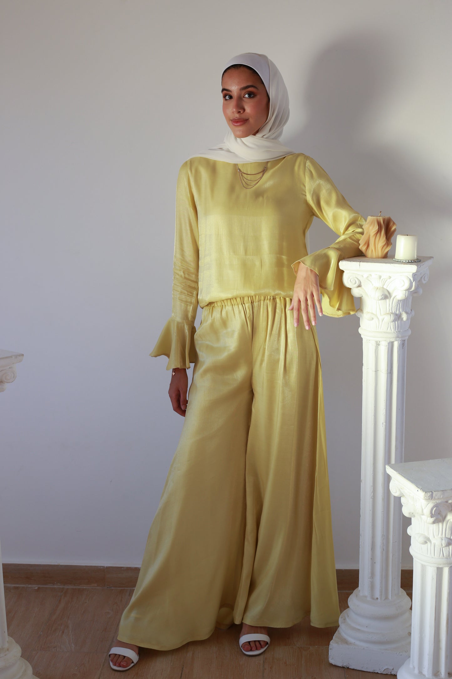 Palazzo Pants in Shimmery Pastel Yellow